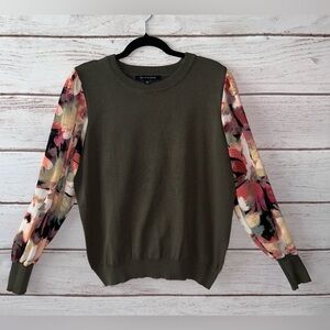Zac & Rachel Olive Green Sweater with Floral Chiffon Sleeves – Size Large Office